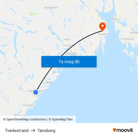 Tvedestrand to Tønsberg map