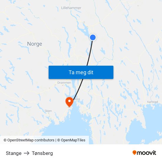 Stange to Tønsberg map