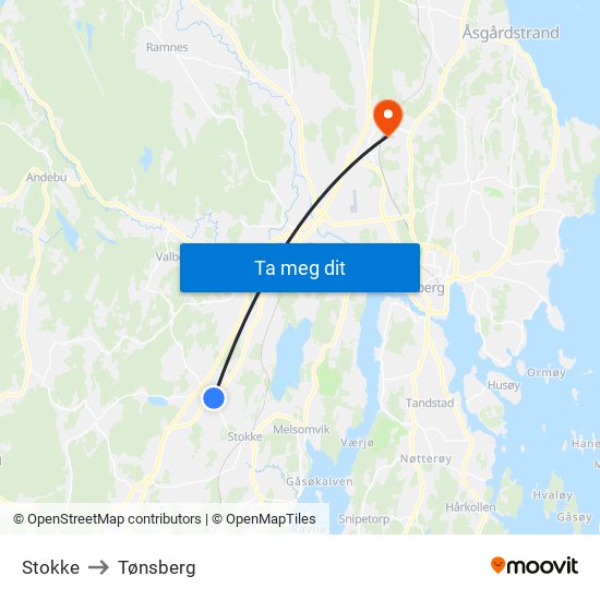 Stokke to Tønsberg map