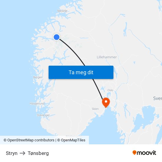 Stryn to Tønsberg map