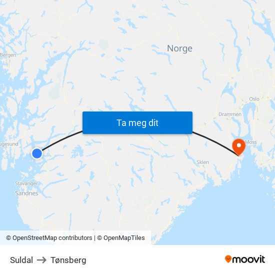Suldal to Tønsberg map