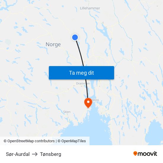 Sør-Aurdal to Tønsberg map