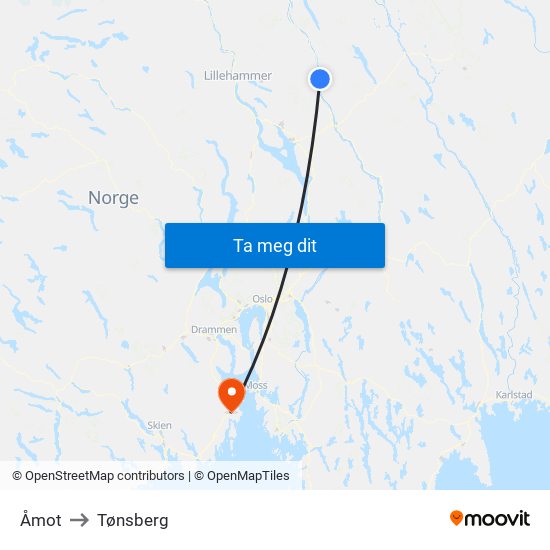 Åmot to Tønsberg map