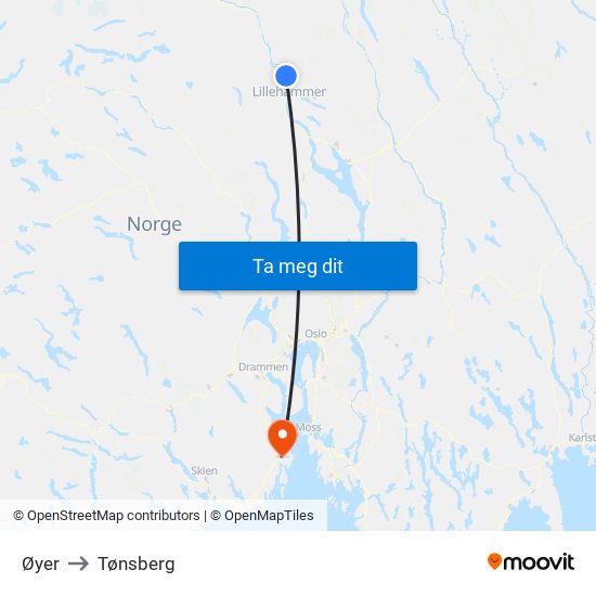 Øyer to Tønsberg map