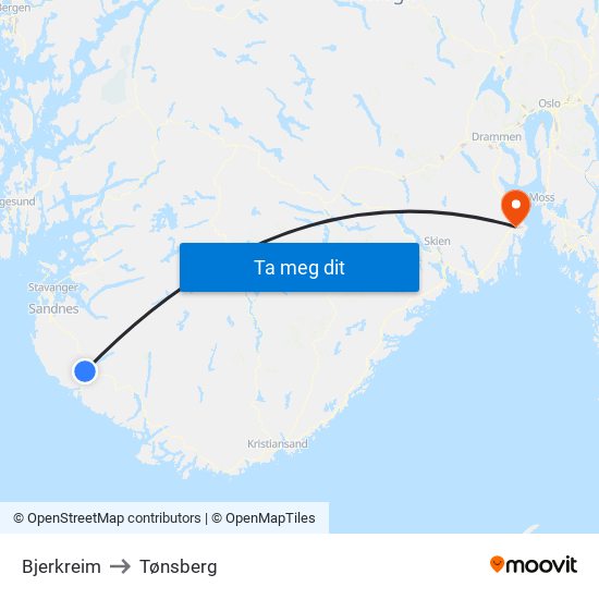 Bjerkreim to Tønsberg map