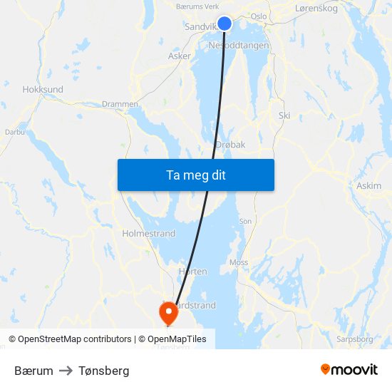 Bærum to Tønsberg map