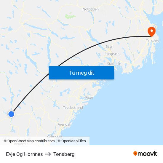 Evje Og Hornnes to Tønsberg map