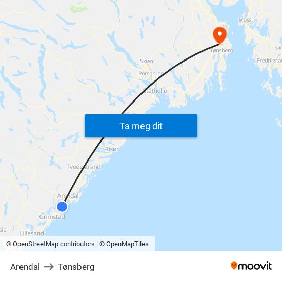 Arendal to Tønsberg map