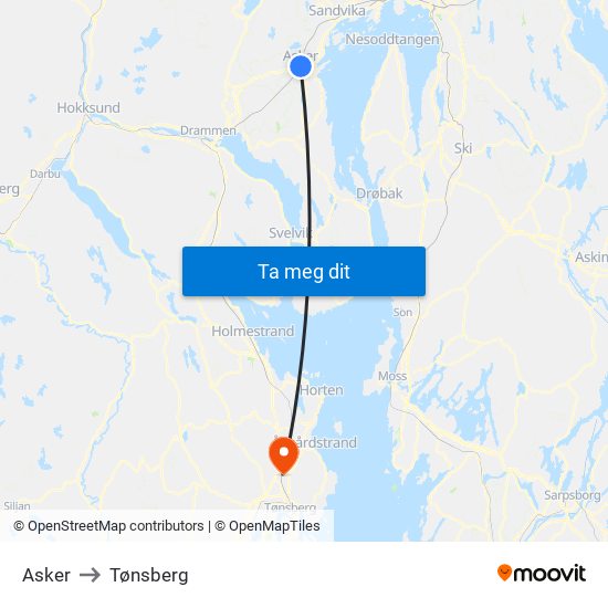 Asker to Tønsberg map