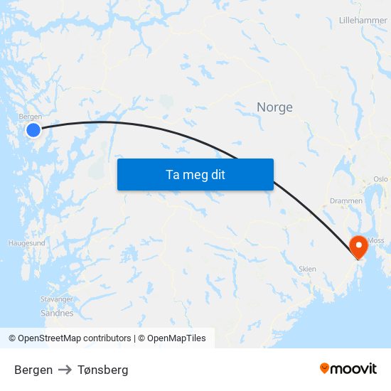 Bergen to Tønsberg map