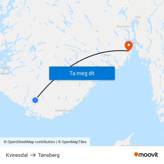 Kvinesdal to Tønsberg map