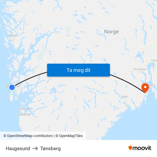 Haugesund to Tønsberg map