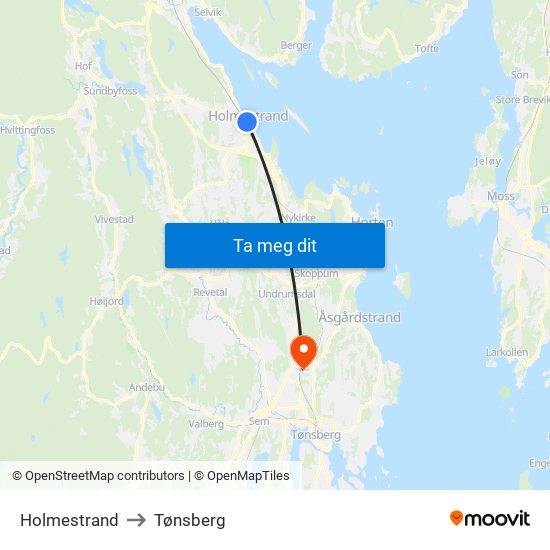 Holmestrand to Tønsberg map