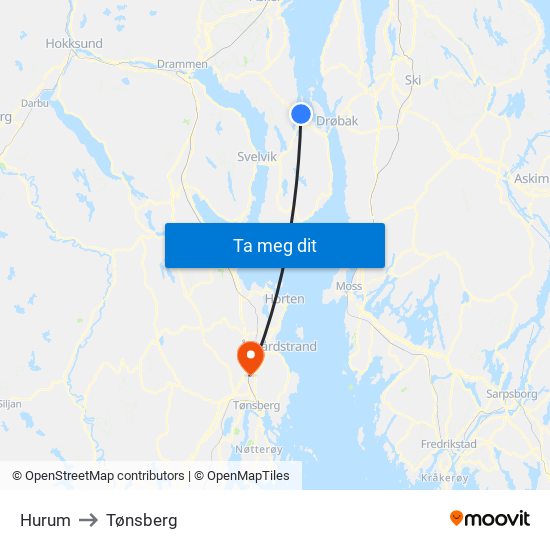 Hurum to Tønsberg map