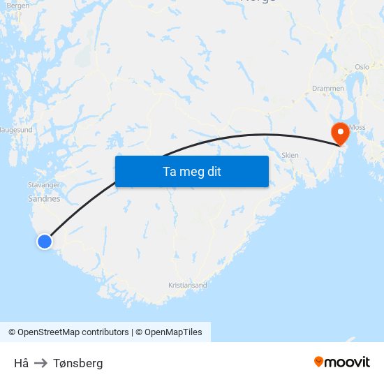 Hå to Tønsberg map
