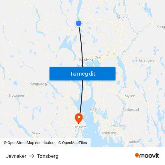 Jevnaker to Tønsberg map