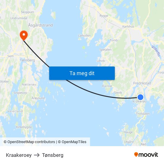 Kraakeroey to Tønsberg map