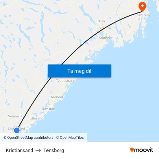 Kristiansand to Tønsberg map