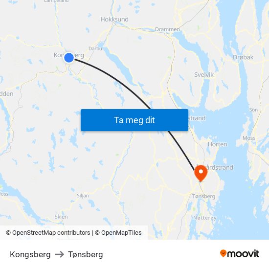 Kongsberg to Tønsberg map