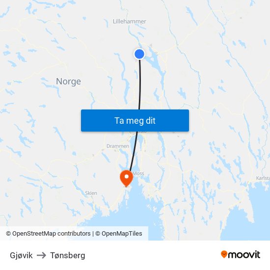 Gjøvik to Tønsberg map