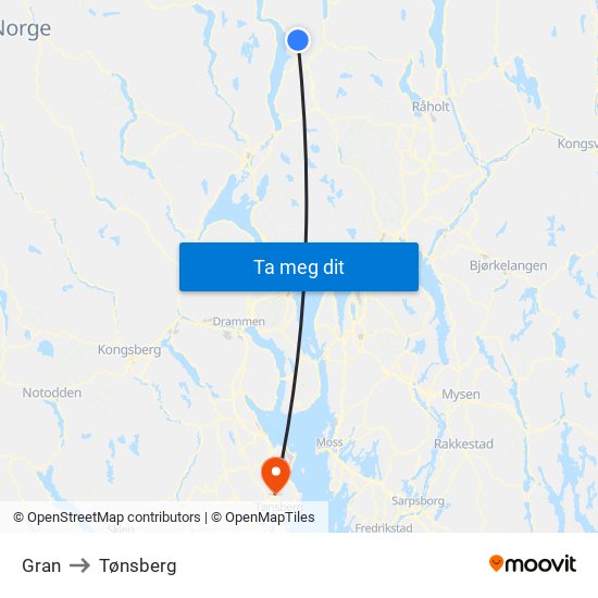 Gran to Tønsberg map