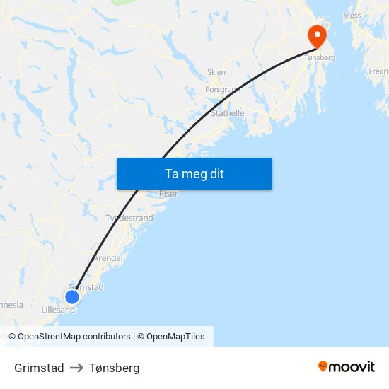 Grimstad to Tønsberg map