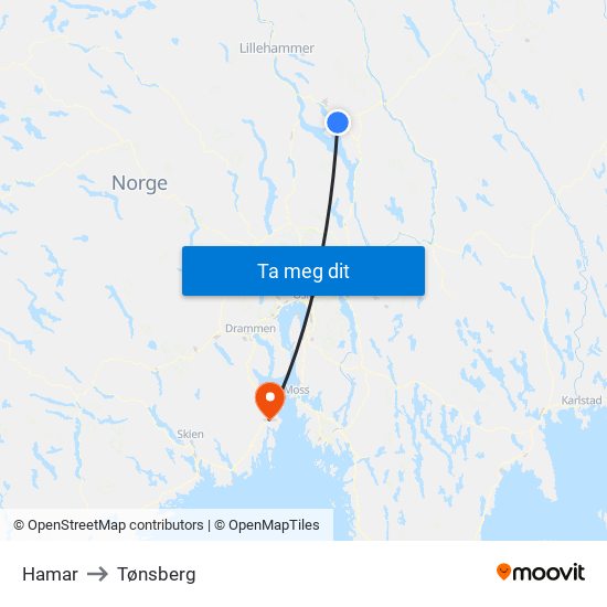 Hamar to Tønsberg map