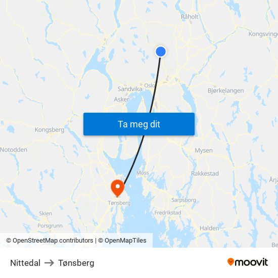Nittedal to Tønsberg map