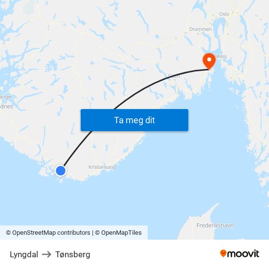 Lyngdal to Tønsberg map