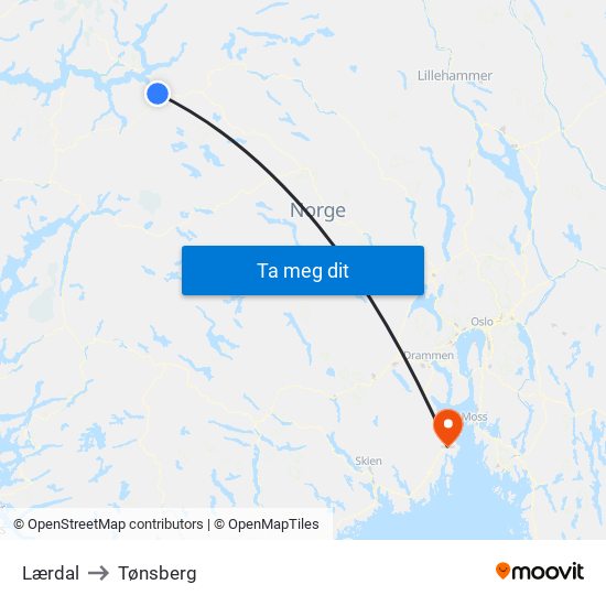 Lærdal to Tønsberg map