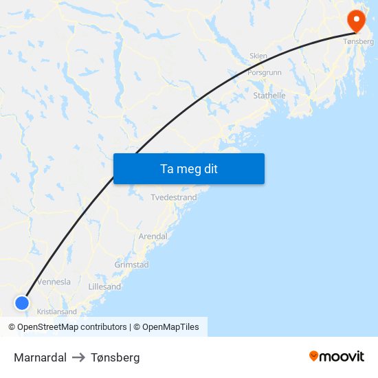 Marnardal to Tønsberg map