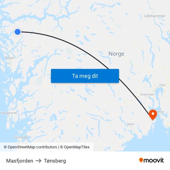 Masfjorden to Tønsberg map