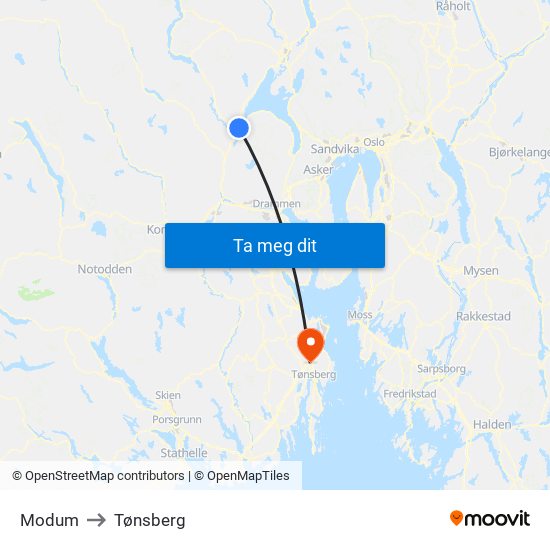 Modum to Tønsberg map