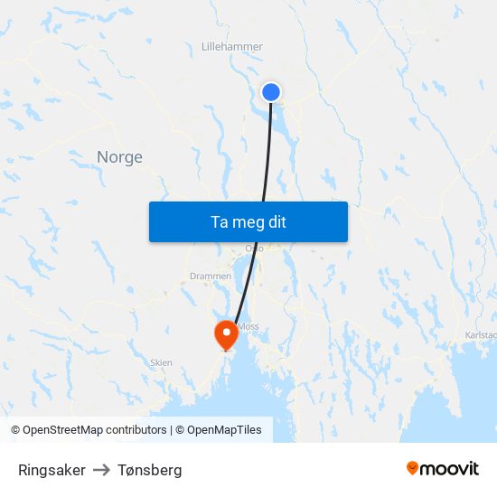 Ringsaker to Tønsberg map