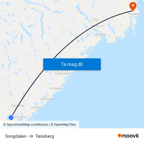 Songdalen to Tønsberg map