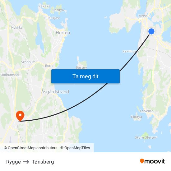 Rygge to Tønsberg map