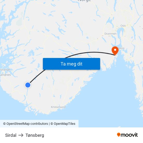 Sirdal to Tønsberg map