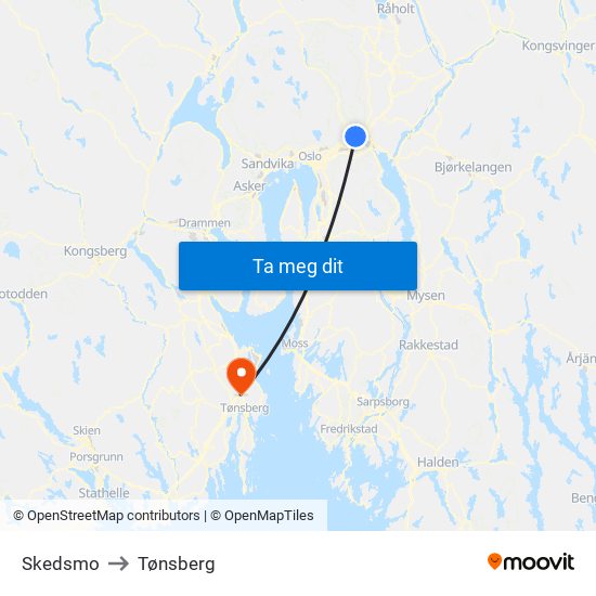 Skedsmo to Tønsberg map