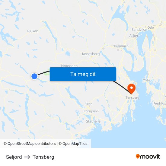 Seljord to Tønsberg map