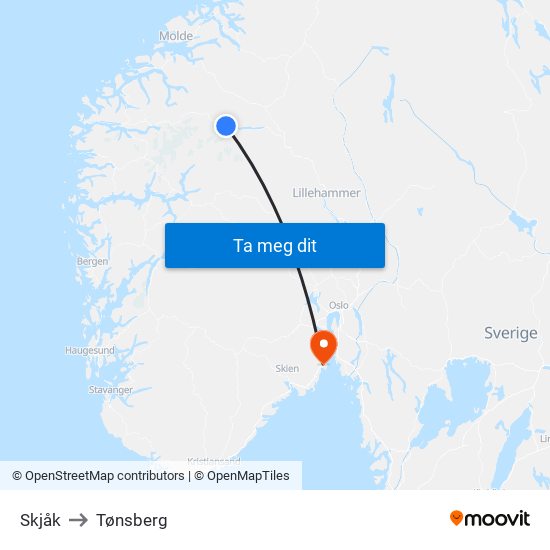 Skjåk to Tønsberg map