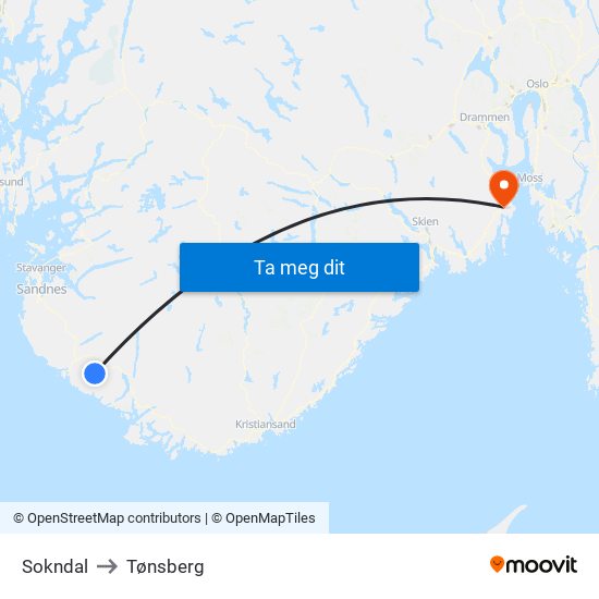 Sokndal to Tønsberg map