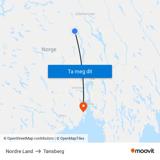 Nordre Land to Tønsberg map