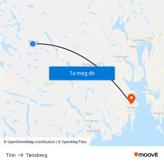 Tinn to Tønsberg map