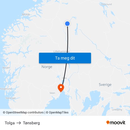 Tolga to Tønsberg map