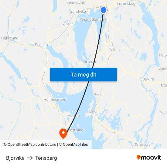Bjørvika to Tønsberg map