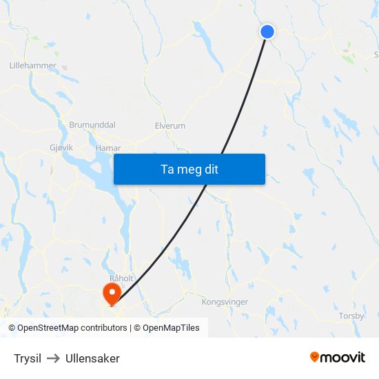 Trysil to Ullensaker map