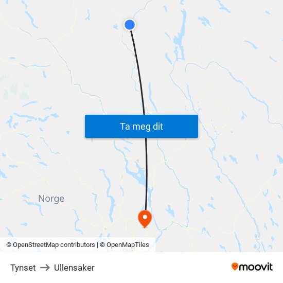 Tynset to Ullensaker map