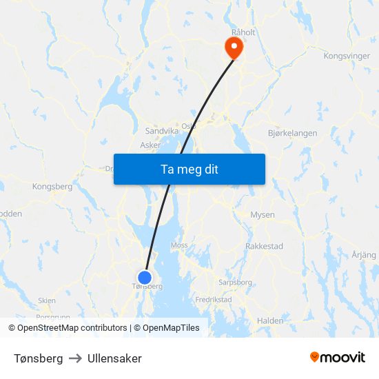 Tønsberg to Ullensaker map