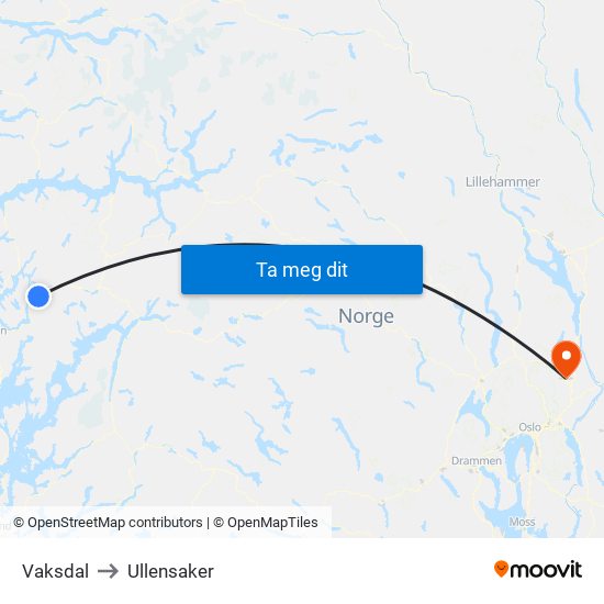 Vaksdal to Ullensaker map