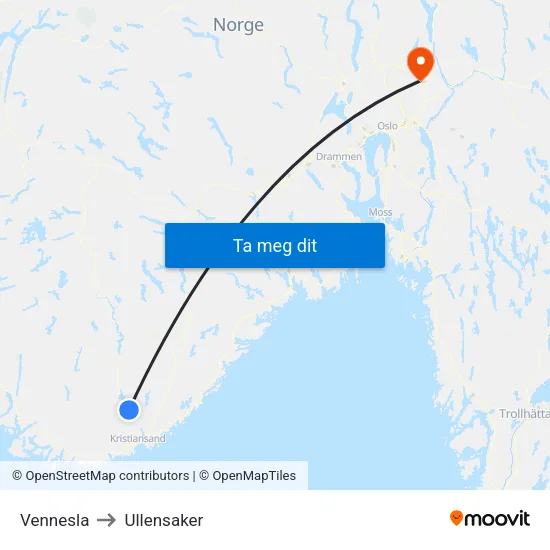 Vennesla to Ullensaker map